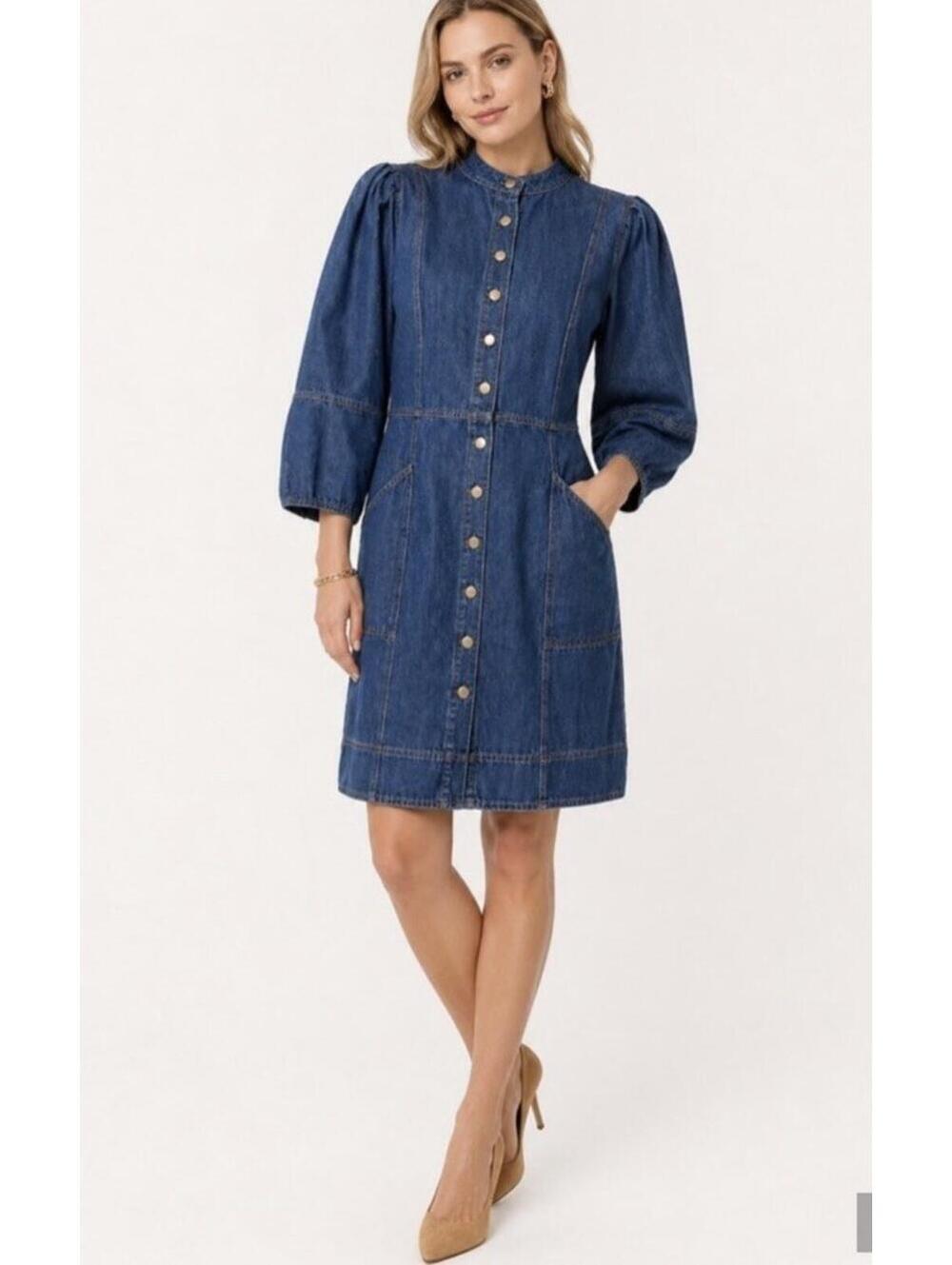 Wrap London Denim Dress Cotton Puff Sleeve Button Down Dress. US 4. Retail $198